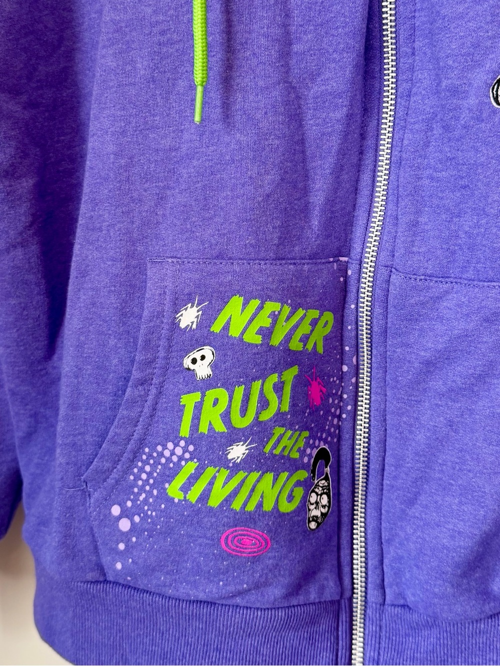 Purple Beetlejuice Graphic Zip Hoodie with Green Drawstrings - Size: Medium - Picture 4 of 10